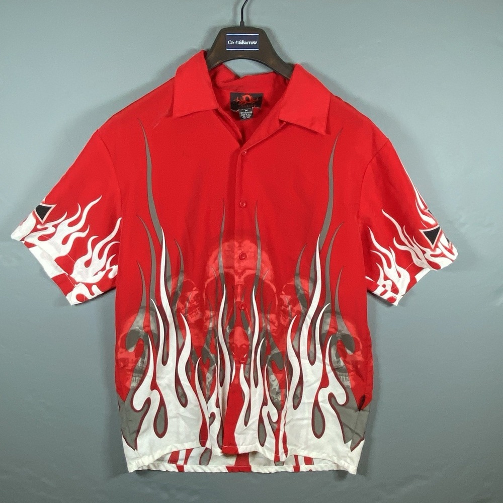 Vintage 90s Streetwear Mens Size M‎ Skull Fire Flames Casino Collared Button-Up